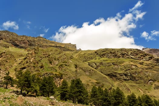 Landscape of summer mountains with blue sky and white clouds