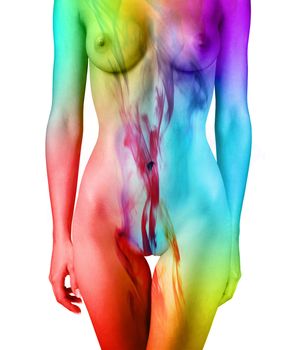 Closeup of multi-colored nude woman, isolated on white background