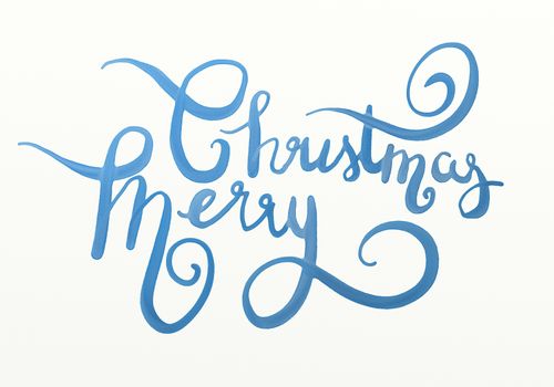 merry christmas hand painted blue watercolor lettering.