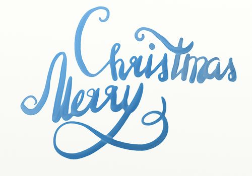 merry christmas hand painted blue watercolor lettering.