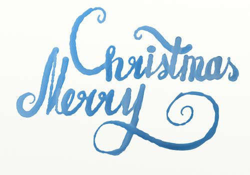 merry christmas hand painted blue watercolor lettering.