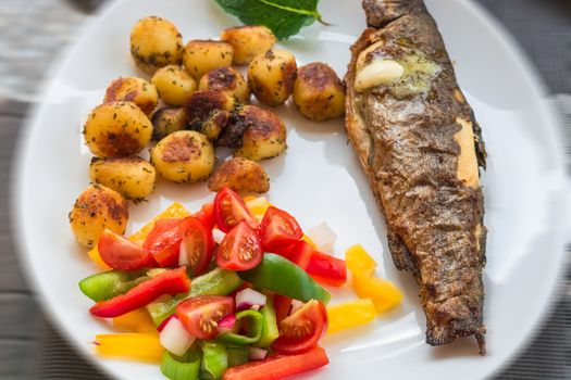 Roasted trout on white plate with lemon and roasted potatoes.