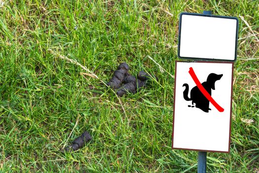 Dog feces on a meadow next to a sign with Symbol "No Dog Popping"