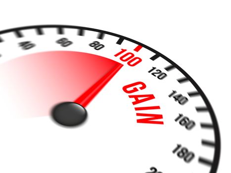 Illustration of speedometer with red arrow pointing to a hundred percent gain on white background