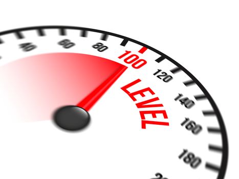 Illustration of speedometer with red arrow pointing to a hundred level on white background