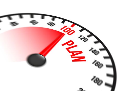 Illustration of speedometer with red arrow pointing to a hundred percent plan on white background