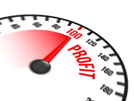 Illustration of speedometer with red arrow pointing to a hundred percent profit on white background