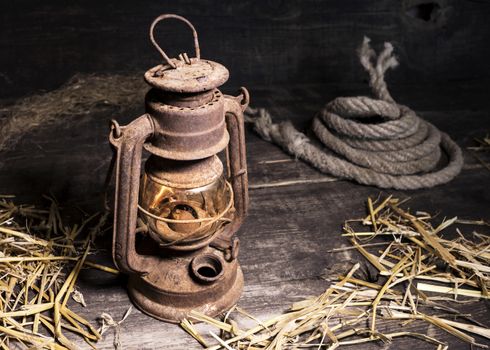 Vintage Rusted Lanter On Wooden Background