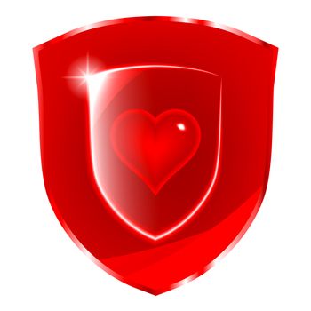 Cardio health protection symbol. Glass heart symbol over the red shield.