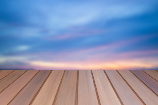 Empty table top wooden with sunset background. For product display