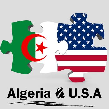 USA and Algeria Flags in puzzle isolated on white background, 3D rendering