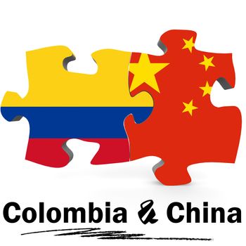 China and Colombia Flags in puzzle isolated on white background, 3D rendering