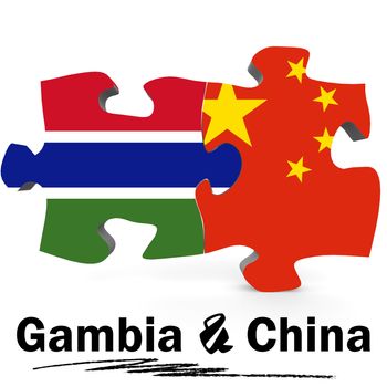 China and Gambia Flags in puzzle isolated on white background, 3D rendering