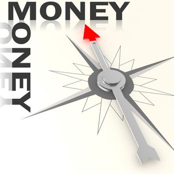 Compass with money word isolated, 3d rendering