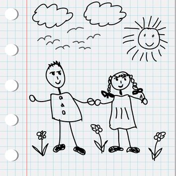 Cartoon doodle illustration of boy and girl on math page