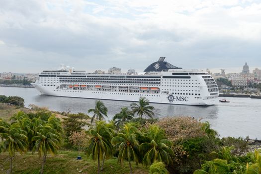 Havana, Cuba - 26 January 2016: Cruiser ship entering the bay of Havana on Cuba