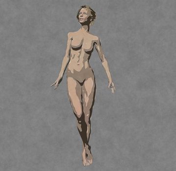 3D render of realistic female figure with smooth skin and fit body in standing pose. Healthy naked cartoon style illustration.