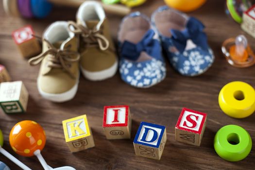 Children's World toy on a wooden background. Studio shot]