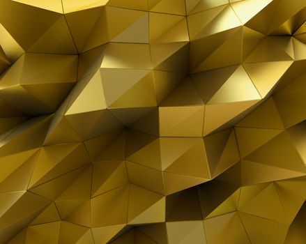 Abstract gold surface. Futuristic background with low poly shapes. 3D rendering