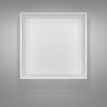 Illuminated white shelf for presentations. Gray background. 3D illustration