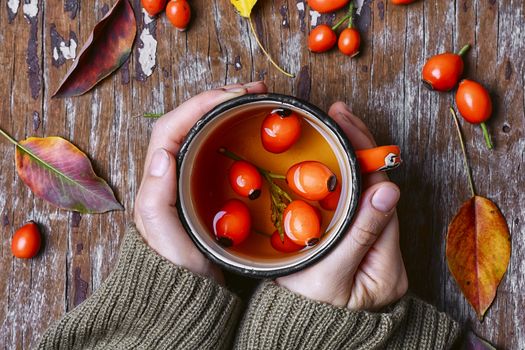 Cup of healing tea with autumn hips in his hands