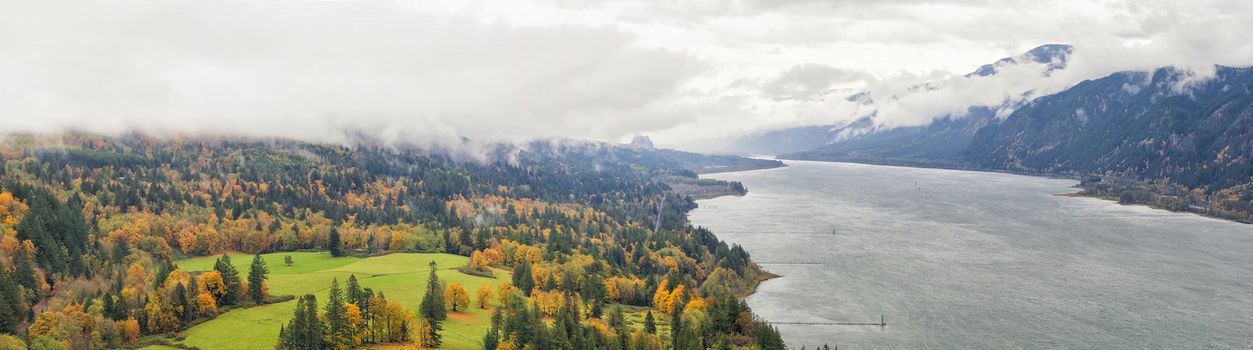 Fall Colors at Columbia River Gorge from Capehorn Lookout in Washington State in Autumn Panorama