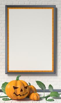 Jack O Lantern pumpkin, green leafs and mock up blank poster on white wall. 3D render illustration background