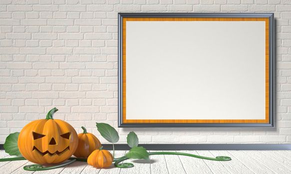 Jack O Lantern pumpkin, green leafs and mock up blank poster on white wall. 3D render illustration background