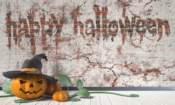 Happy Halloween greeting with Jack O Lantern pumpkin and green leafs on wooden floor. 3D render illustration background