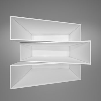 Illuminated white shelf for presentations. Gray background. 3D illustration