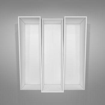 Illuminated white shelf for presentations. Gray background. 3D illustration