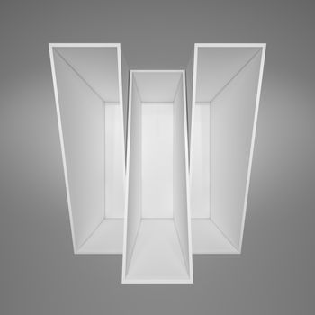 Illuminated white shelf for presentations. Gray background. 3D illustration