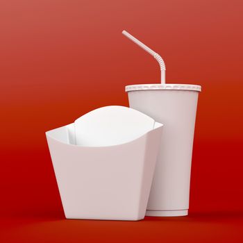 Box for french fries and soda cup on red background 
