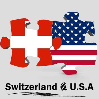 USA and Switzerland Flags in puzzle isolated on white background, 3D rendering