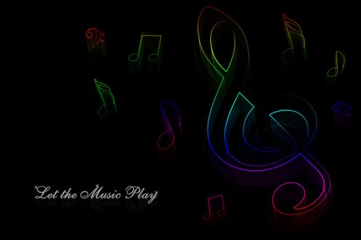 Neon music notes on a black background