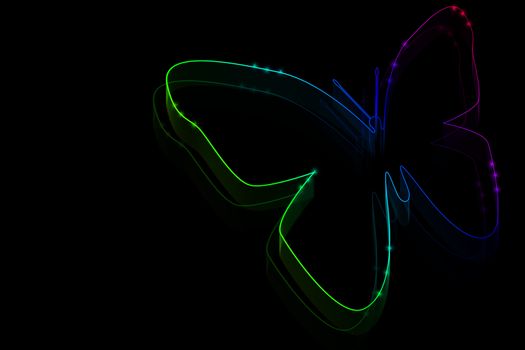 Neon butterfly symbol on a black background with space for text