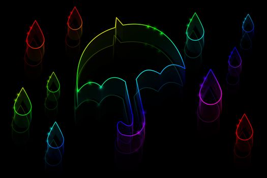 Neon umbrella and rain on a black background