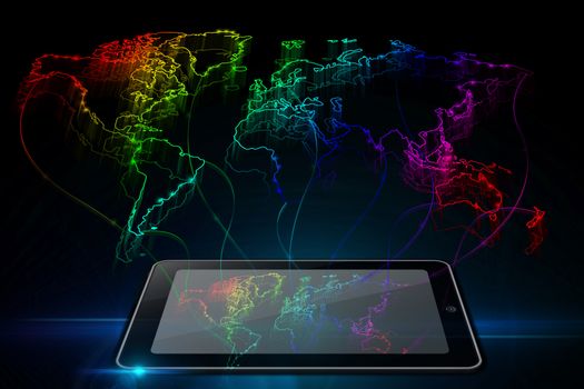 Neon outline map of the world from tablet on black background 