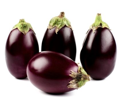 Arrangement of Raw Small Eggplants In a Row isolated on White background. Focus on Foreground