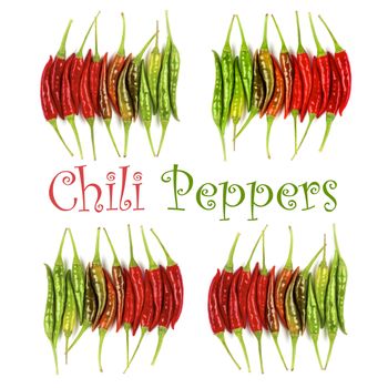 Collection of Fresh Shiny Red, Orange and Green Chili Peppers with Inscription isolated on White background