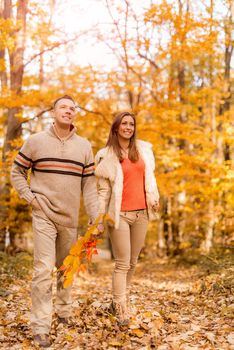 Beautiful smiling couple walking in sunny forest in autumn colors.