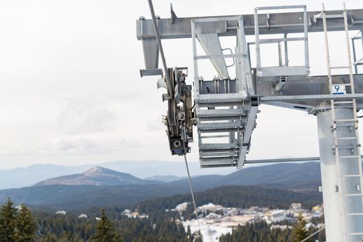 Top of a cable car lift at a ski resort.