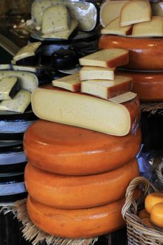 Different sorts of Dutch cheese on display in a store