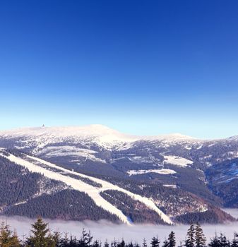 Winter mountain landscape in resort Spindleruv Mlyn, Krkonose, Czech Republic
