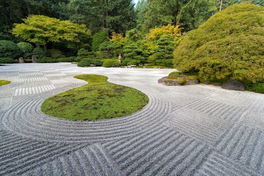 Japanese Flat Garden with Checkerboard pattern Pine Maple trees rocks and plants