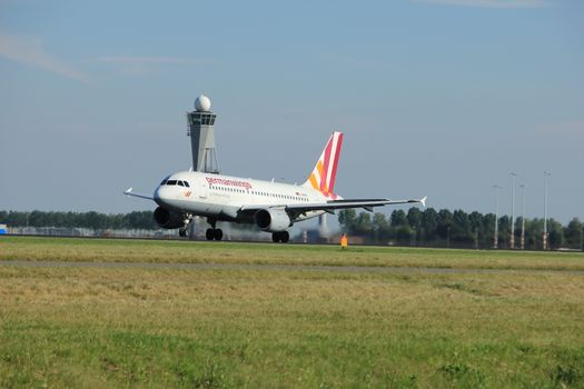 Amsterdam, the Netherlands  - August, 18th 2016: D-AKNN Germanwings Airbus A319,
taking off from Polderbaan Runway Amsterdam Airport Schiphol