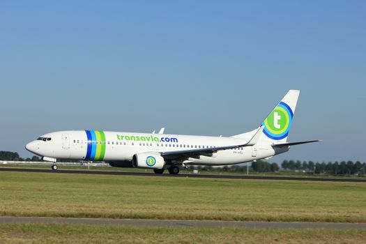 Amsterdam, the Netherlands  - August, 18th 2016: PH-HSJ Transavia Boeing 737-8K2,
taking off from Polderbaan Runway Amsterdam Airport Schiphol