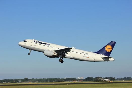 Amsterdam, the Netherlands  - August, 18th 2016: D-AIZO Lufthansa Airbus A320-214 
taking off from Polderbaan Runway Amsterdam Airport Schiphol