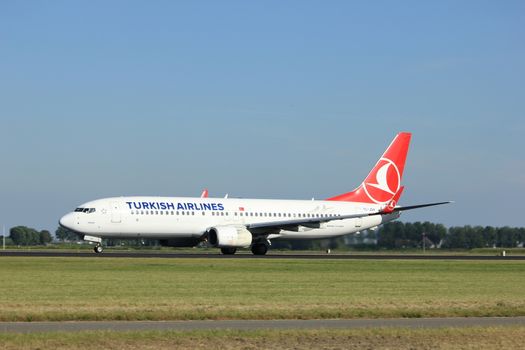 Amsterdam, the Netherlands  - August, 18th 2016: TC-JGH Turkish Airlines Boeing 737-8F2(WL)
taking off from Polderbaan Runway Amsterdam Airport Schiphol