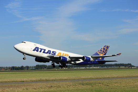 Amsterdam, the Netherlands  - August, 18th 2016: N496MC Atlas Air Boeing 747-47UF,
taking off from Polderbaan Runway Amsterdam Airport Schiphol